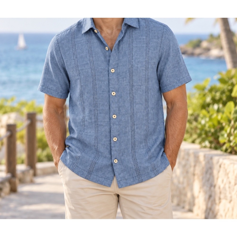 Tommy Bahama Small RELAX Mens 100% Linen Guayabera Camp ShirtBlue Short Sleeve